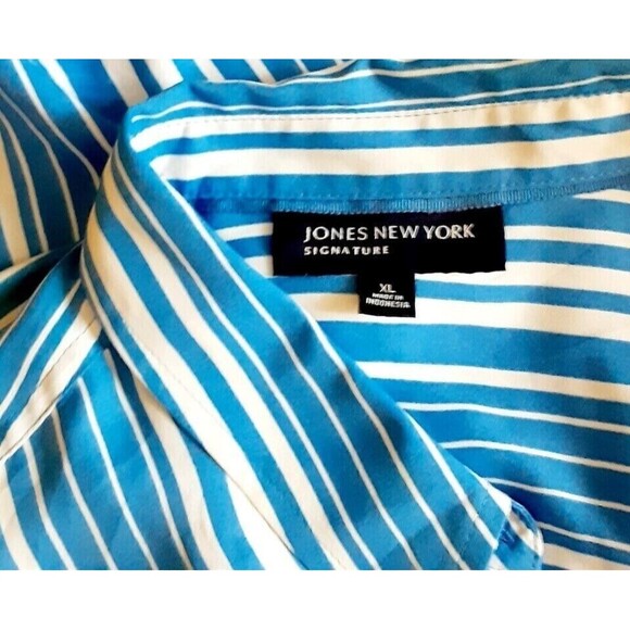 Jones New York Signature Shirt 1X Blue Stripe Button Front Long Roll Tab Sleeve - Picture 4 of 4